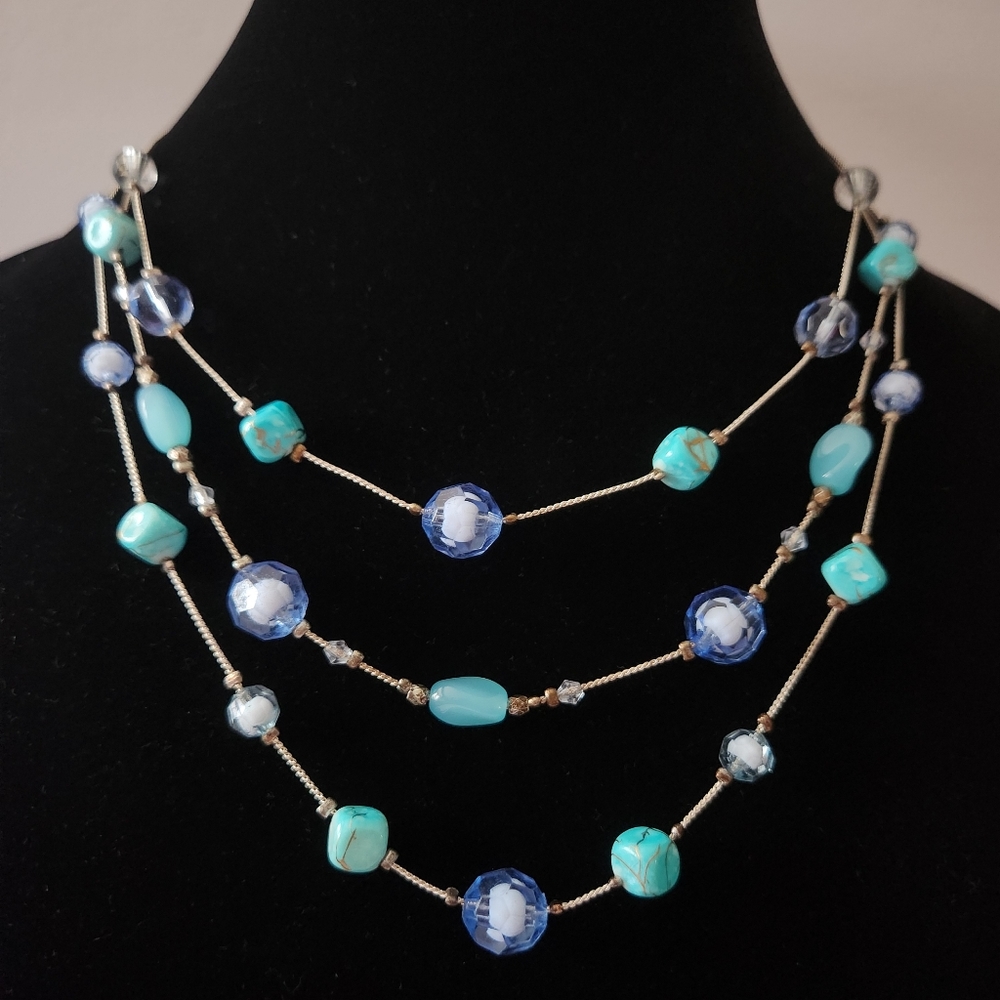 Turquoise Blue Beaded Multi-Strand Silver-Toned Necklace